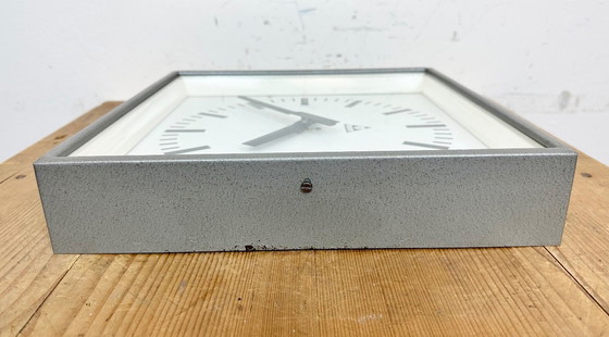 Image 1 of Grey Industrial Square Wall Clock from Pragotron, 1970s