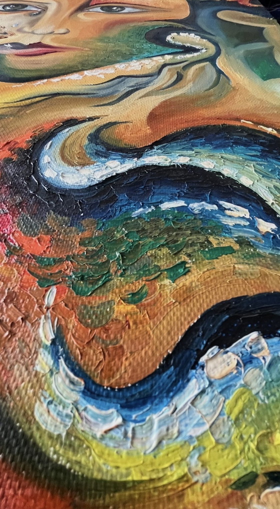 Image 1 of Expressief surrealistisch portret — Origineel schilderij, stijl uit het midden van de 20e eeuw