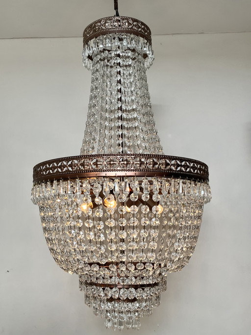 Vintage Kristall-Kronleuchter-Hängelampe mit spitzen Anhängern, Bronzegestell
