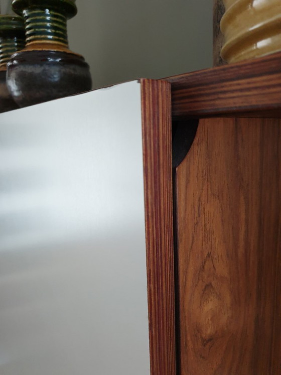 Image 1 of Teak wood cabinet with sliding door, drawers, mirror and light