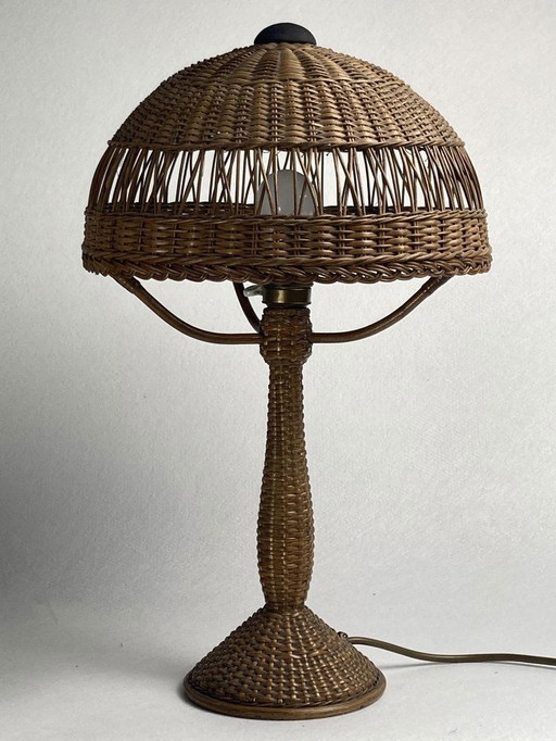 Art Deco Rattan und Korbgeflecht Pilz Tischlampe, 1930S