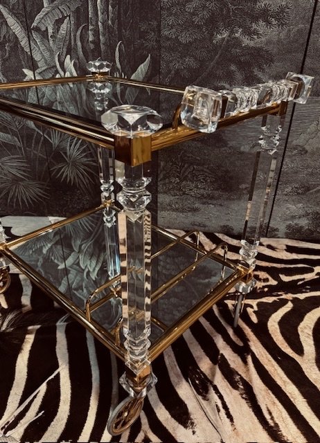 Image 1 of Hollywood Regency Lucite Plexiglas Perspex Brass Barcart Trolley Chariot à boissons Chariot à thé