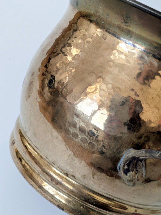 Image 1 of Vintage Hammered Brass Cachepot Planter with Ornate Handles and Age Patina