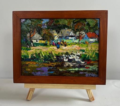 Original Oil Painting Summer Coastal Landscape Ducks are swimming along the river