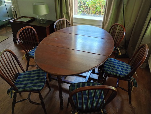 Nostalgic English gateleg table with 6 matching chairs – eettafels, Textile, Wood