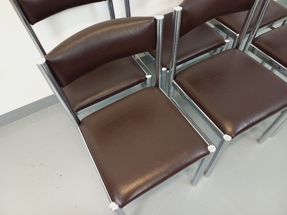 Image 1 of Set di 6 sedie vintage anni '70 in metallo cromato e similpelle marrone
