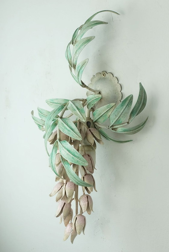 Image 1 of vintage florentine wisteria WALL LAMP metal floral hollywood regency style italy 1970s 80s