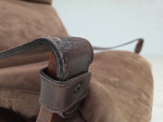 Image 1 of 1970s, Scandinavian lounge chair, nubuck leather, canvas, beech wood.