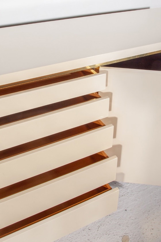 Image 1 of White Lacquer and Brass Sideboard by Jean Claude Mahey, 1980s