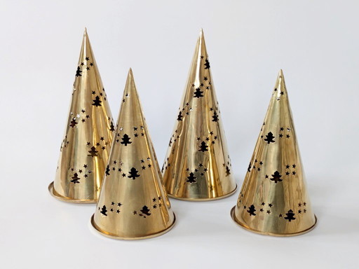 4 x Brass Christmas Tree Candle Lanterns | Midcentury Holiday Decor