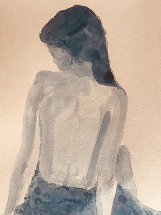Image 1 of Indigo blue watercolor painting of a woman from behind, wearing a fouta towel, in a hammam.