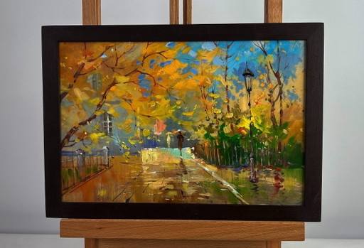 Original Oil Painting City Street Landscape Autumn leaves are flying