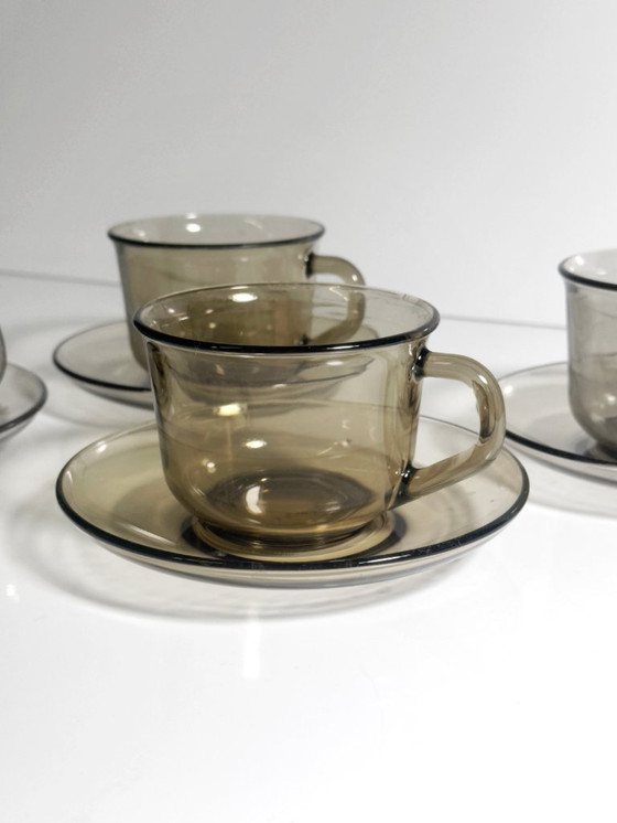 Image 1 of 4x Vintage Arcoroc Mokken van gerookt glas, grijsgroen, Frankrijk, set uit de jaren 80/90, Luminarc