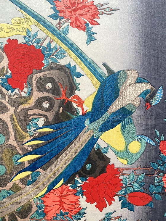 Image 1 of Estampe japonaise authentique sur bois - Oiseaux et fleurs - Éventail - Regravée dans les années 1920