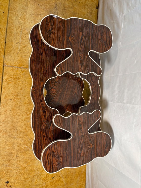 Image 1 of Mid-Century Retro Vintage Tiered Coffee Table / Plant Stand 1960  Dark Formica Grain Finish • White Trim • Unusual Shape • Styli