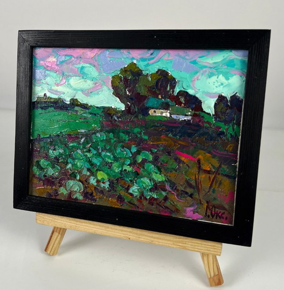 Image 1 of Original Oil Painting Rural Landscape Vegetable Garden in Front of the House