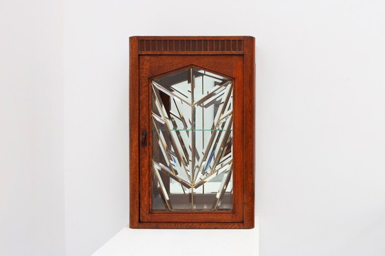 Image 1 of Mobiletto Art Déco francese in rovere con vetro piombato bisellato, ca. 1920