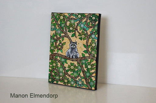 Unique Hand Painted Painting Raccoon 24x18cm