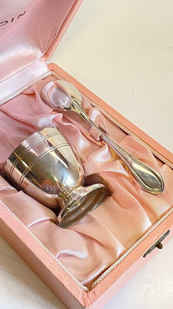 Image 1 of Vintage Silver-Plated Metal Egg Cup and Spoon for Birth
