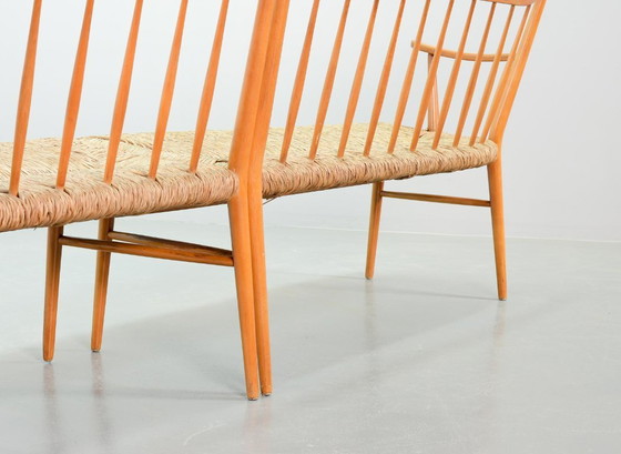 Image 1 of Large Mid-Century Design Spindle Back Bench with Rush Wickered Seatings in Style of Arno Lambrecht. Germany, 1950s. 