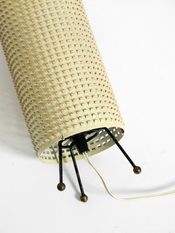 Image 1 of Original 1950s brass tripod table lamp with a perforated metal lampshade