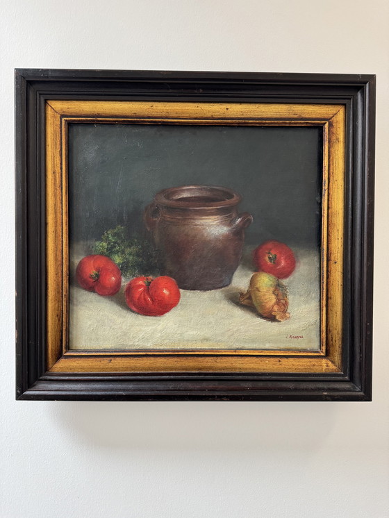 Image 1 of Still life painting, oil on antique canvas