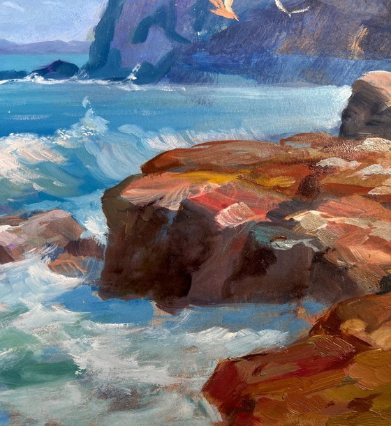 Image 1 of Pintura al óleo original Paisaje de rocas marinas Brisa marina en un día despejado