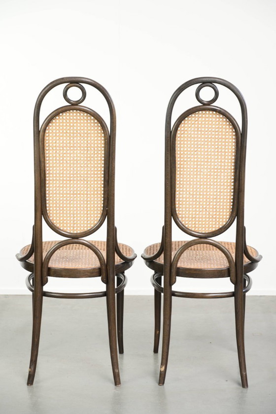 Image 1 of 6x Original vintage Thonet Long John chair with a high back, webbing seat and backrest, and gracefully curved wood