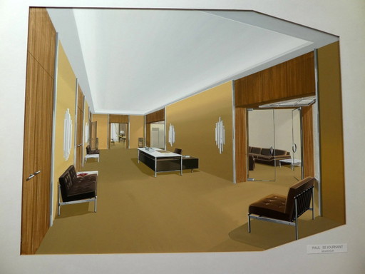 Paul Séjournant, Interior, 1970s, Original Gouache