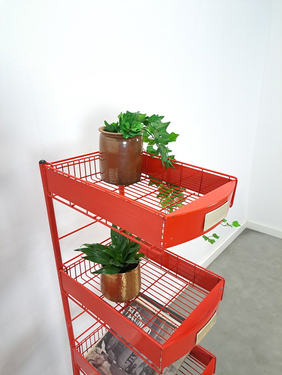 Image 1 of Red Metal Shop Display Case Shop Rack With Baskets Vintage