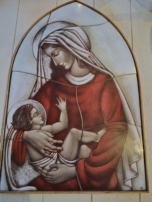 Icône religieuse en opaline de Marie avec l'Enfant Jésus, frères Van Paridon