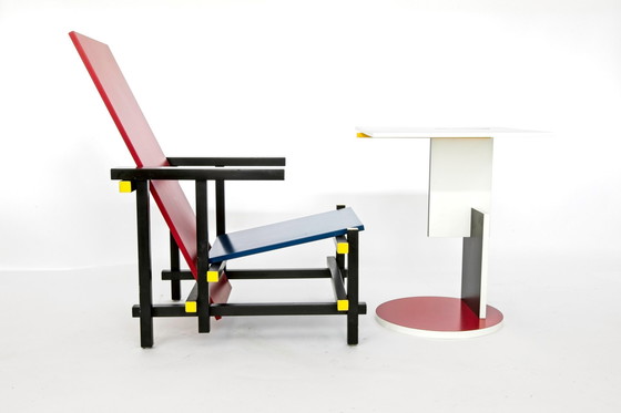 Image 1 of Red-blue chair (without proof) & Schroeder table by Gerrit Rietveld for Cassina, set of 2