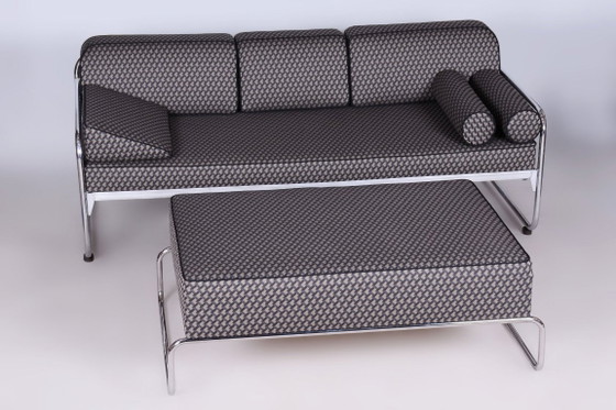 Sofá Bauhaus restaurado, de Mücke-Melder, cromado, tapizado nuevo, checo, años 30 – Textile, Chrome (photo 8 of 15)