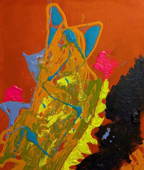 Image 1 of Abstract Expressionist Cat and Bat Painting Oil Drip Painting and Pallet Knife Acrylic Paint red primed canvas unframed 35x45cm 