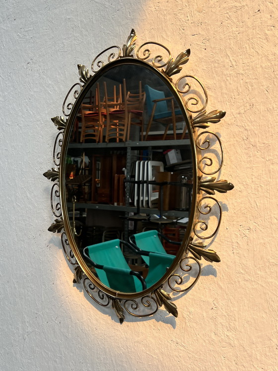 Image 1 of Vintage Oval Brass Mirror, Ornate Decor, Deknudt Belgium, 1970's