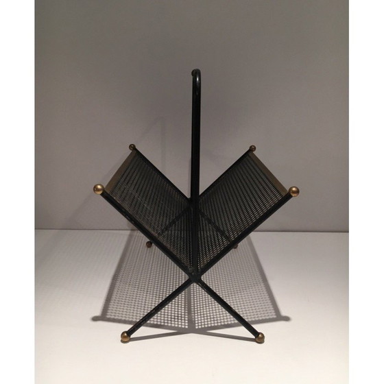 Image 1 of Vintage magazine rack in black lacquered metal and brass, France 1950