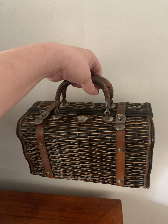 Antieke Franse rieten handtas — Napoleon III, circa 1890 — – Decoratieve objecten, Wicker, Leather (photo 5 of 30)