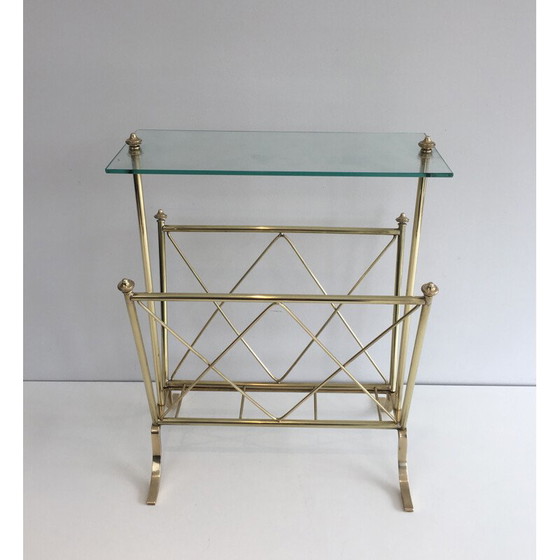 Image 1 of Vintage brass magazine rack and Neoclassical glass shelf, 1940