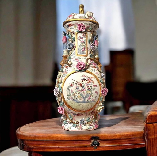 🌸🐉 Vintage Canton Porcelain Covered Vase – Phoenix, Roses & Figures – 19th Century China ✨