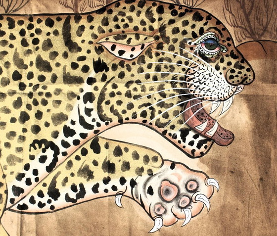 Grande leopardo 184 cm x 118 cm. Tela dipinta a mano dall'India. Unico. – Dipinti e disegni, Cotone (photo 4 of 7)