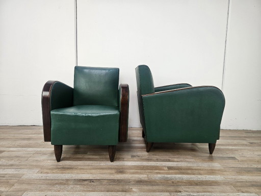 Coppia di poltrone Art Déco in noce e pelle verde, 1940 – fauteuils, Wood (photo 2 of 21)