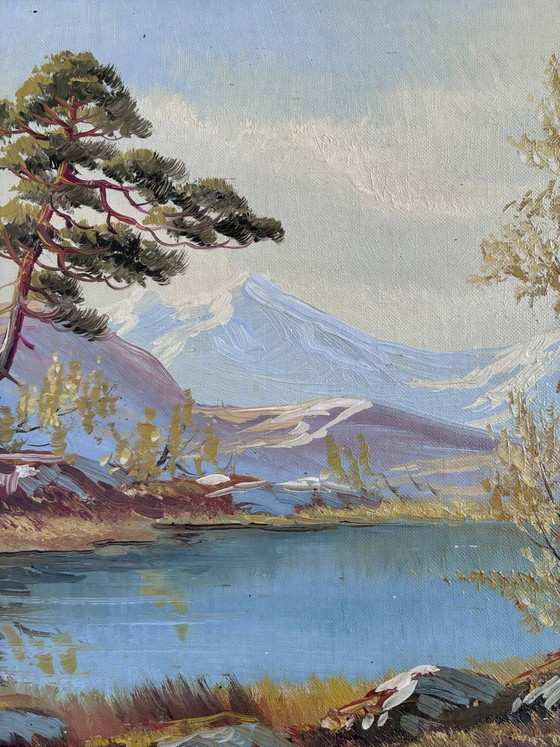 Image 1 of Peinture à l'huile originale vintage représentant un paysage de montagne et de rivière, encadrée