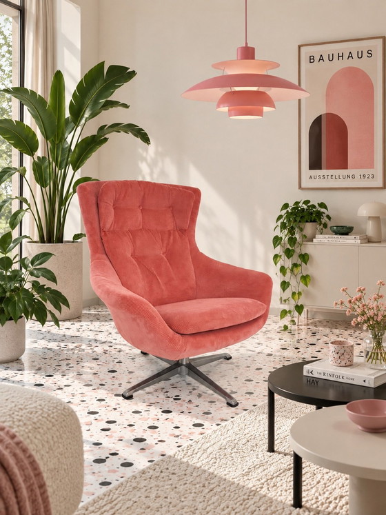 Vintage pink swivel armchair | newly upholstered pink corduroy – Polyester, Textile (photo 2 of 12)