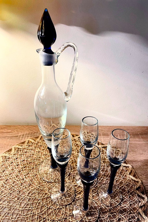 Vintage Glass Decanter Set with 4 Glasses – Blue Stem Liqueur Set – Mid Century Barware