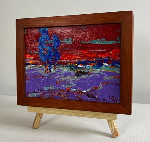 Original Oil Painting Sunset Village Landscape Crimson winter evening