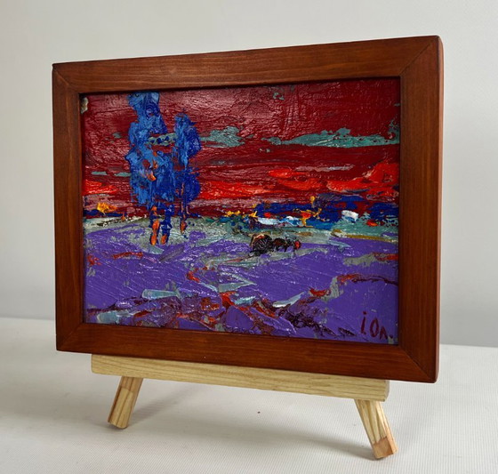 Image 1 of Original Oil Painting Sunset Village Landscape Crimson winter evening