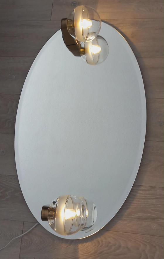Image 1 of Mid Century Crystal-Cut Bathroom Mirror with 2 spherical glass lights on Solid Brass Fixture T+L Royal Germany