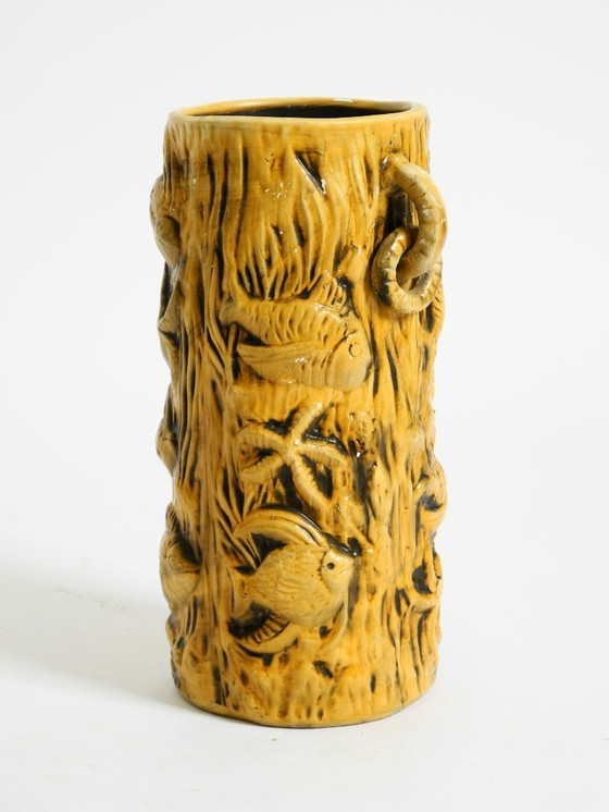 Image 1 of Beautiful large handmade glazed ceramic floor vase, handled vase with maritime fish and starfish motifs | Mid Century Modern