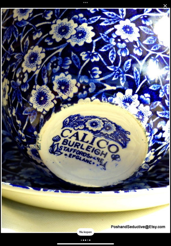 Image 1 of Kop en schotel, Calico Burleight blauw bloem motief per 2 stuks