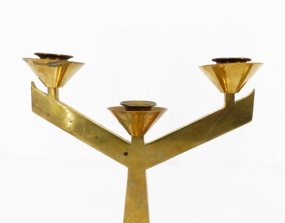 Image 1 of Coppia di candelieri modernisti a tre bracci in ottone massiccio, circa 1960